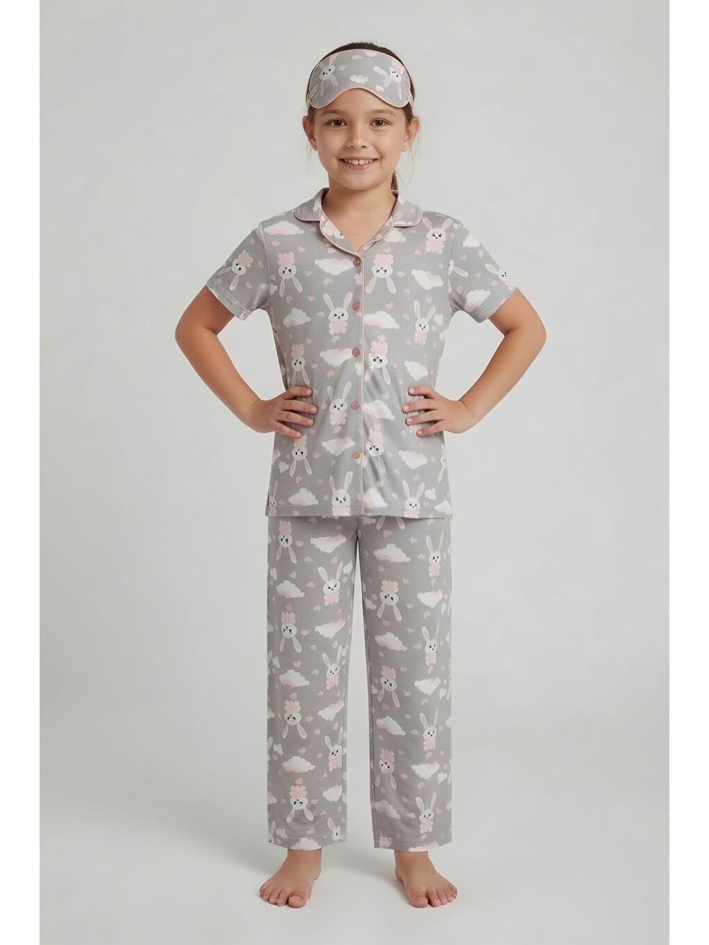 Gri Tavşan Desenli Kısa Kol Kız Çocuk Göz Bantlı Pijama Takımı 24012-1