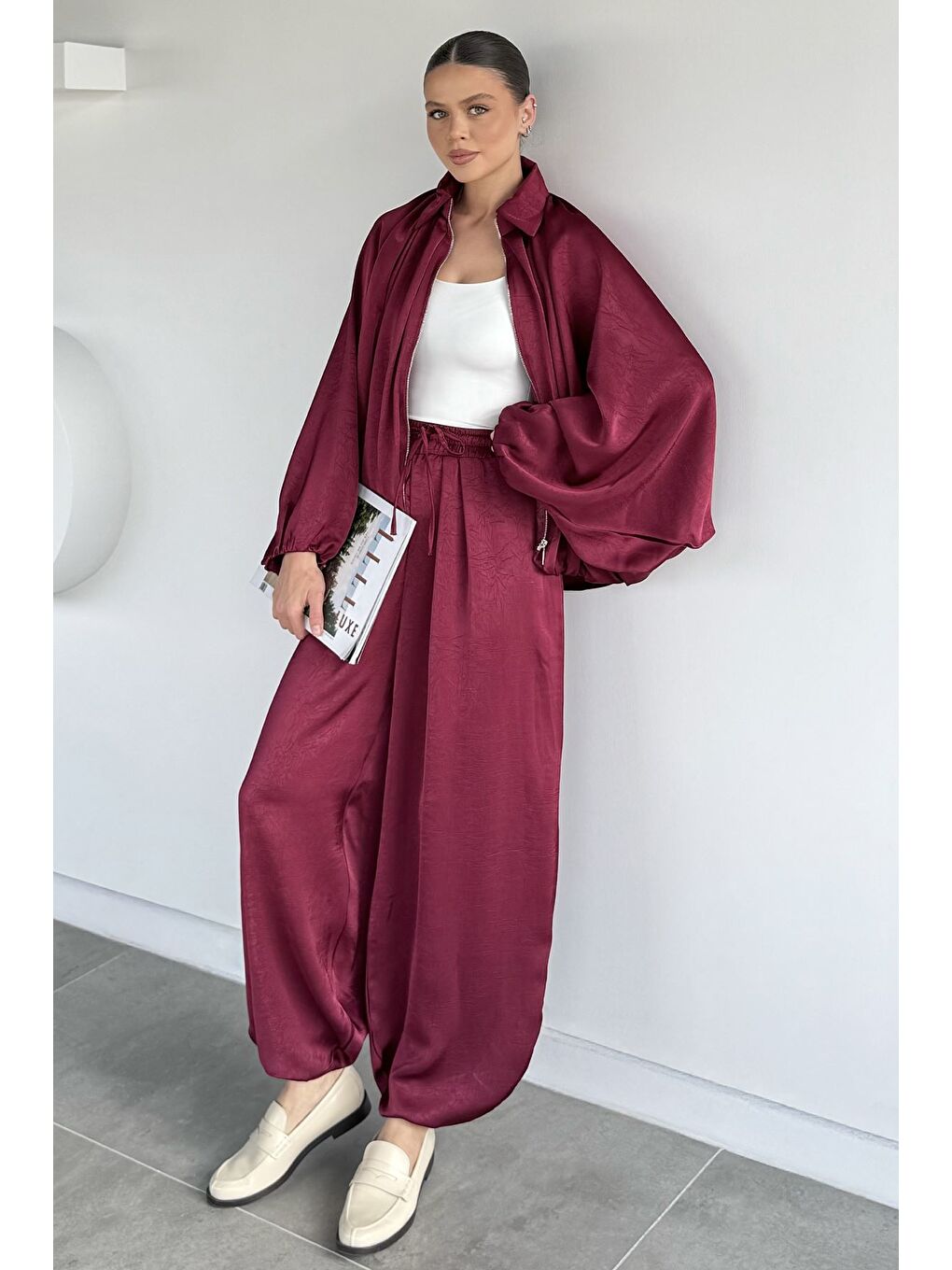 Mürdüm Kadın Yarasa Kol Saten Ceket Bel Lastikli Pantolon İkili Takım