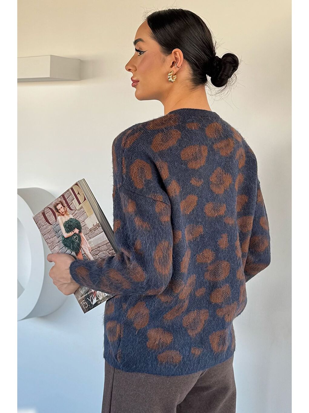 Lacivert Kadın İnci Düğmeli Desenli Triko Hırka-3