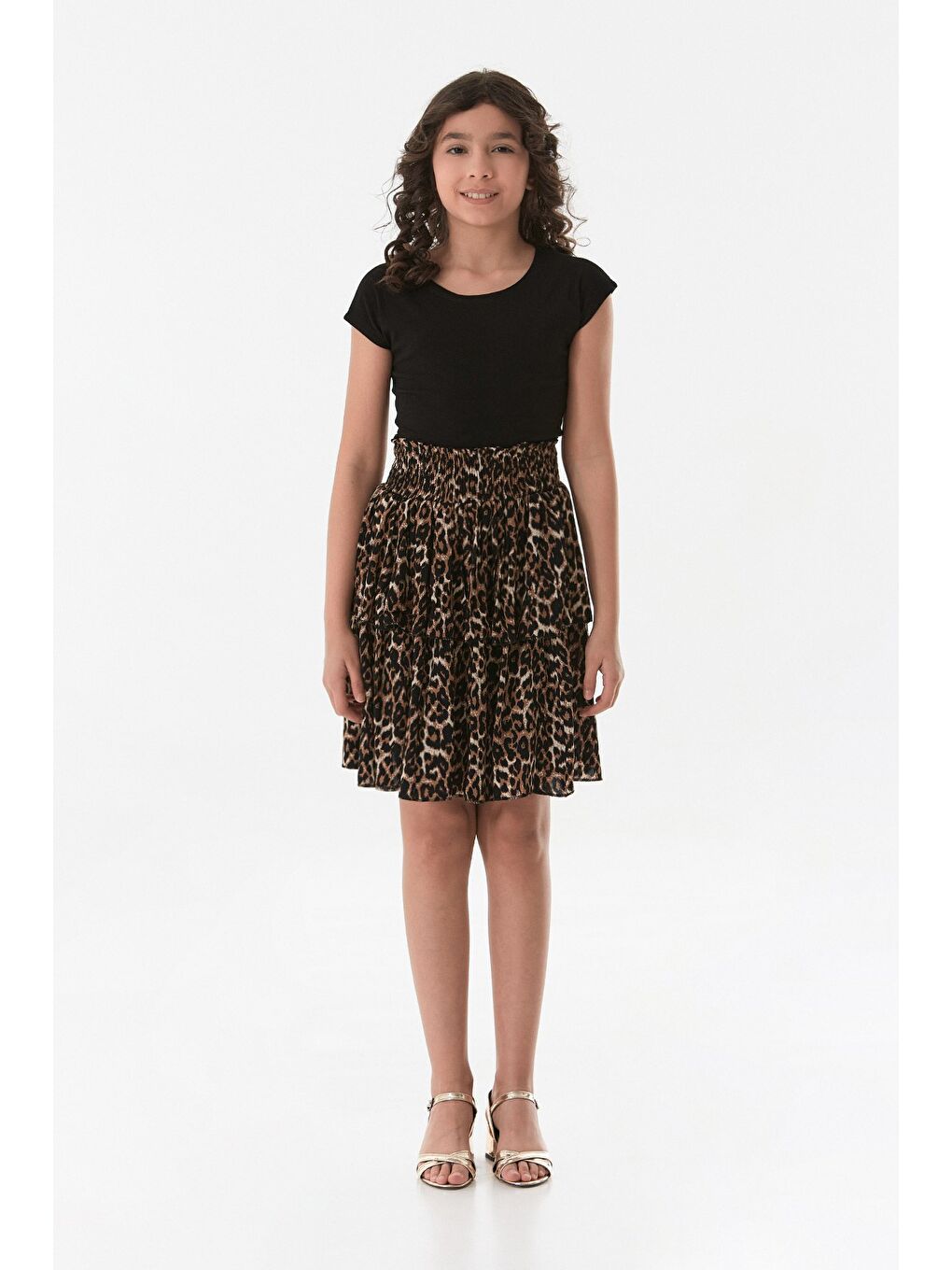Kahverengi Leopar Desenli Fırfırlı Kız Çocuk Etek-1