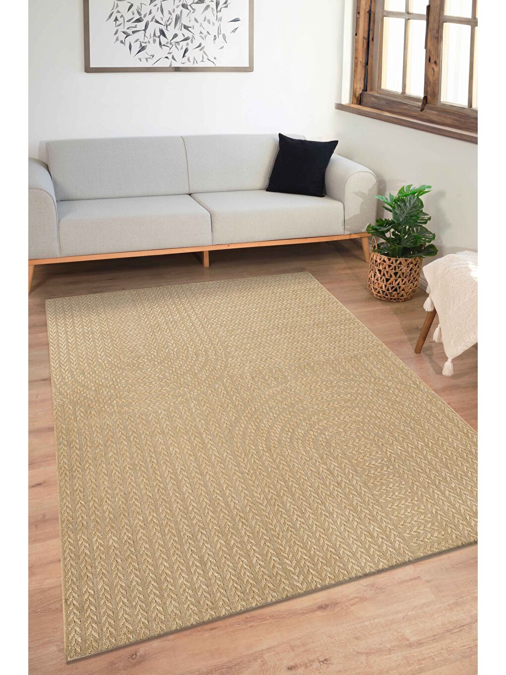 Sisaluna 4443 Bej Jüt Tabanlı Modern Dokuma Kilim Sisal Hasır Halı-60x100