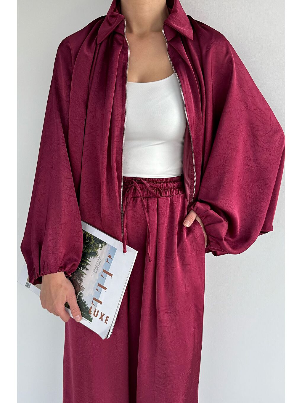 Mürdüm Kadın Yarasa Kol Saten Ceket Bel Lastikli Pantolon İkili Takım-1