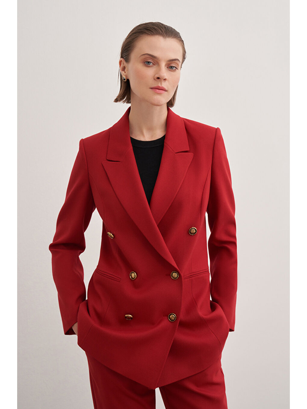 Kırmızı Fleto Cepli Düğmeli Ceket-2