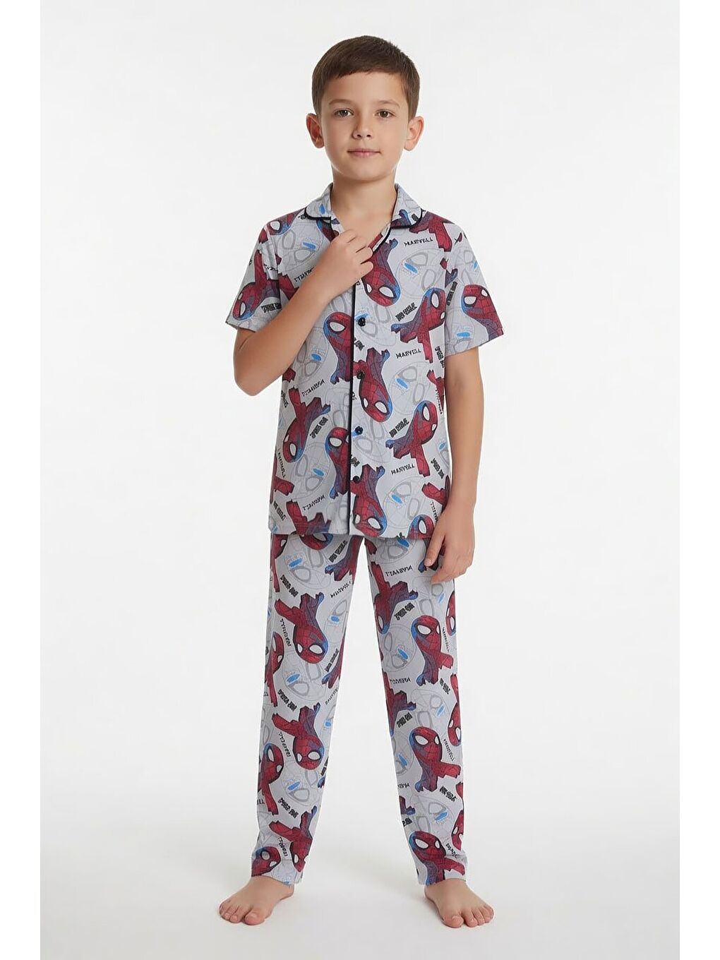 Gri Örümcek Adam Baskılı Erkek Çocuk Düğmeli Pijama Takımı 24010-1
