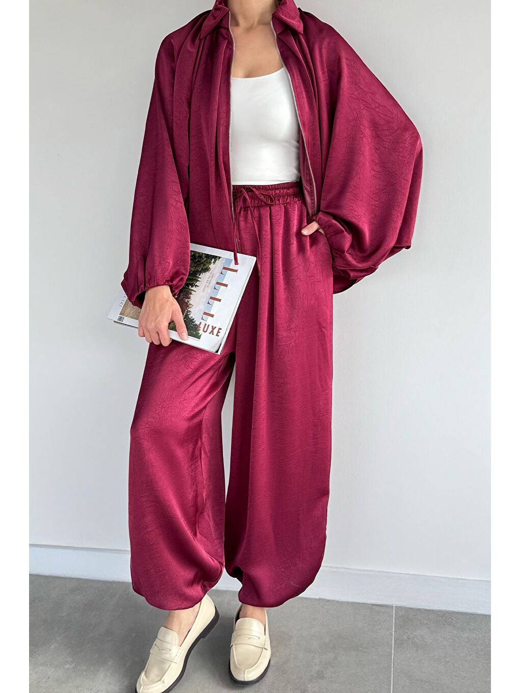 Mürdüm Kadın Yarasa Kol Saten Ceket Bel Lastikli Pantolon İkili Takım-2