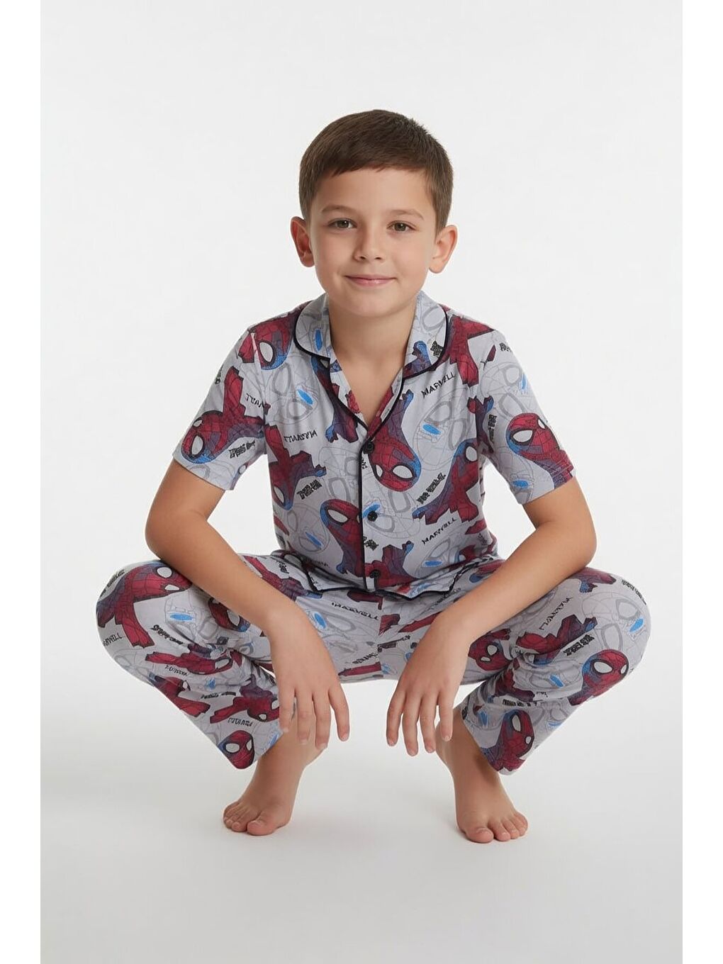 Gri Örümcek Adam Baskılı Erkek Çocuk Düğmeli Pijama Takımı 24010-2