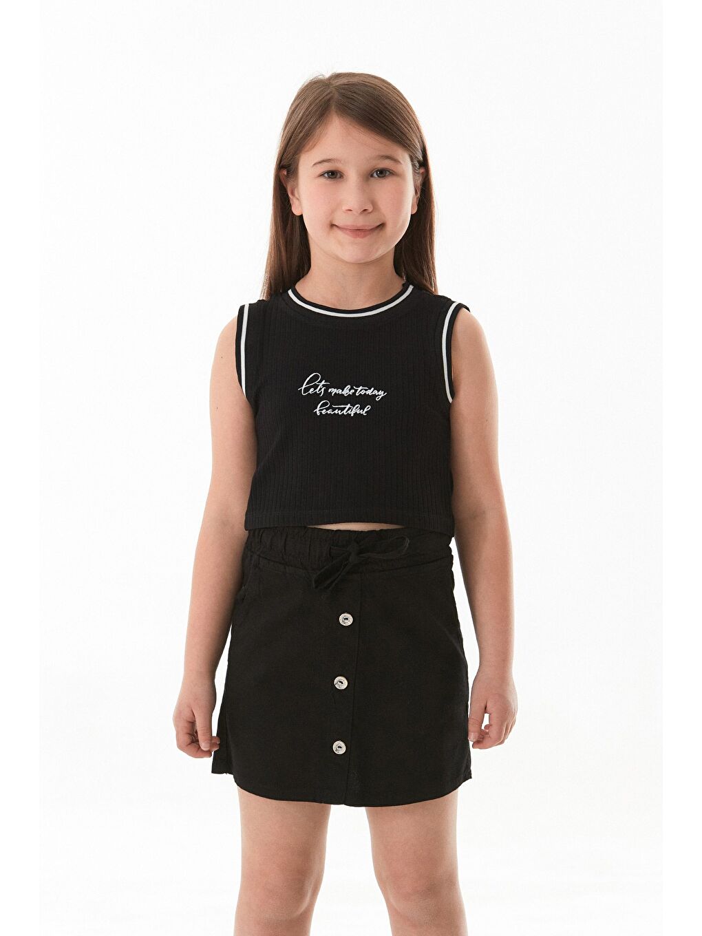 Siyah Beli Bağlamalı Düğmeli Kız Çocuk Etek-1