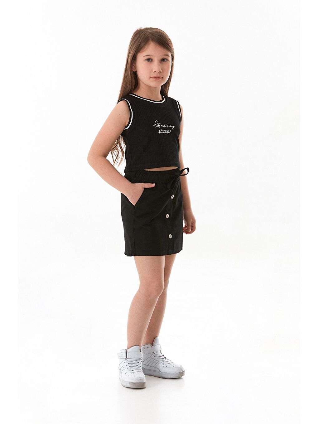 Siyah Beli Bağlamalı Düğmeli Kız Çocuk Etek-2