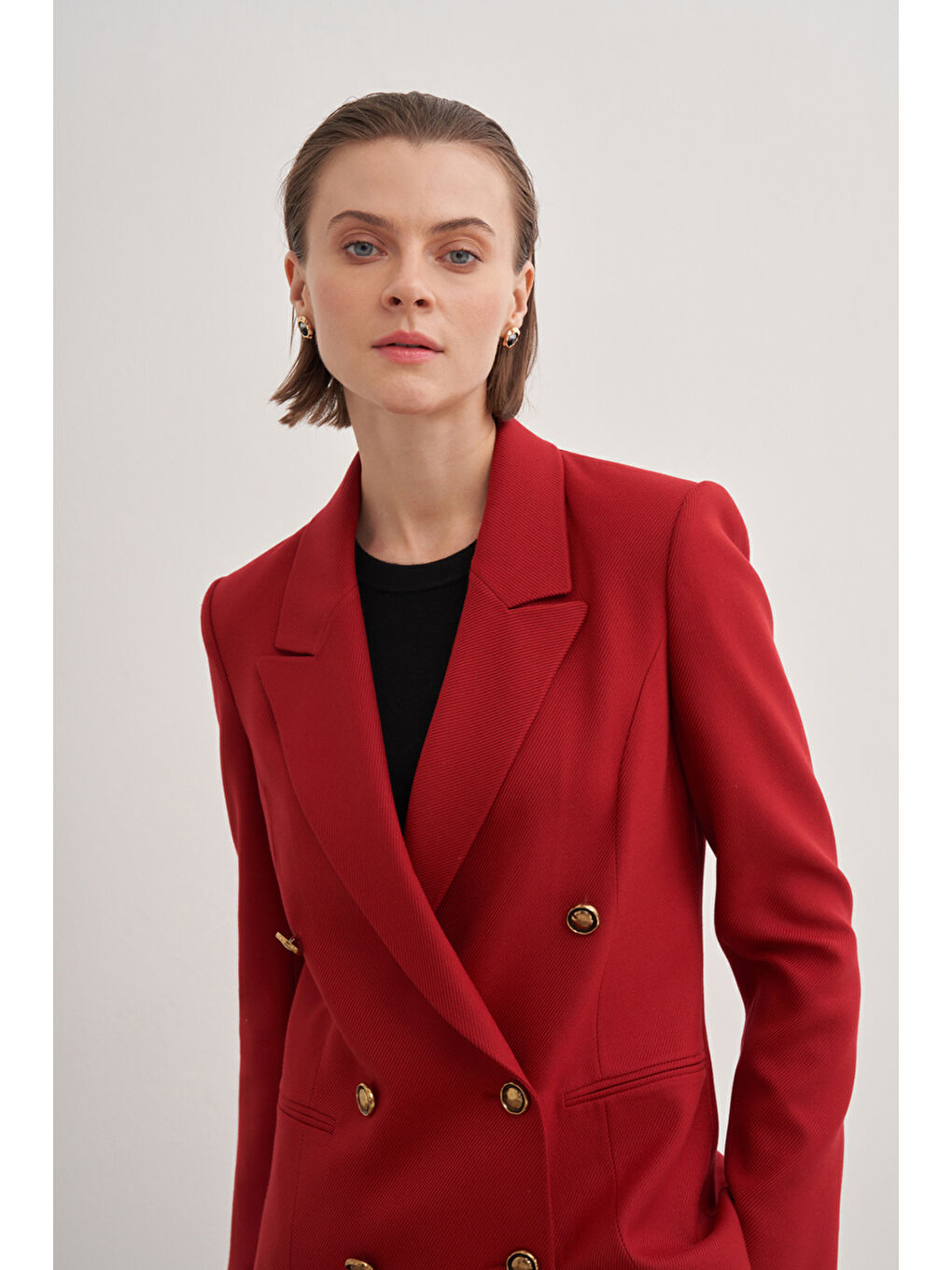 Kırmızı Fleto Cepli Düğmeli Ceket-4