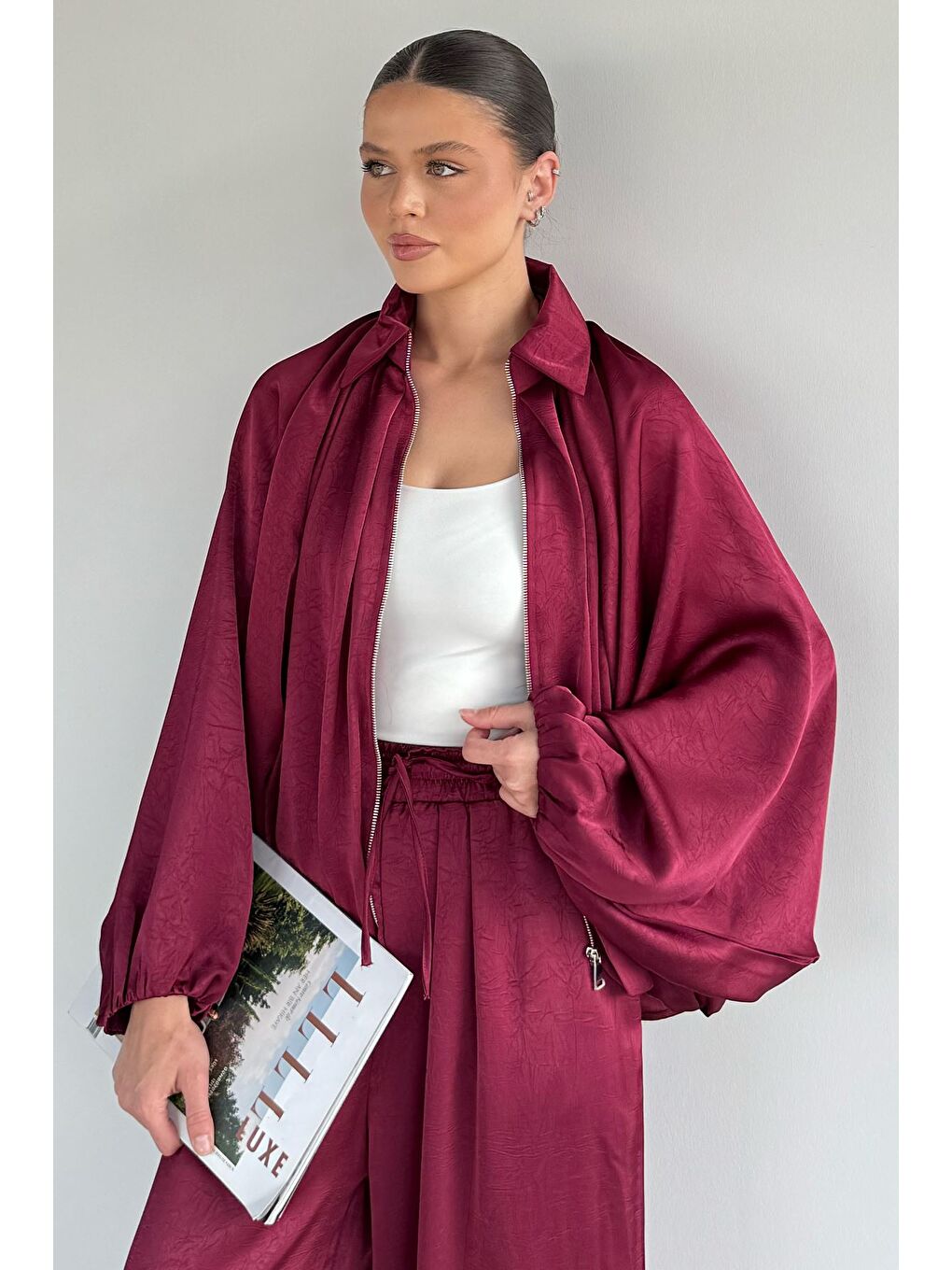 Mürdüm Kadın Yarasa Kol Saten Ceket Bel Lastikli Pantolon İkili Takım-3