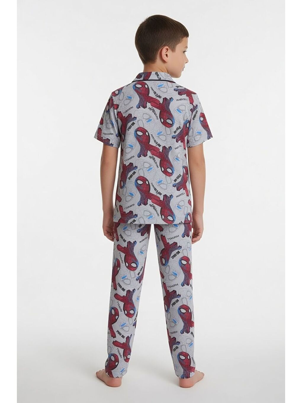 Gri Örümcek Adam Baskılı Erkek Çocuk Düğmeli Pijama Takımı 24010-4