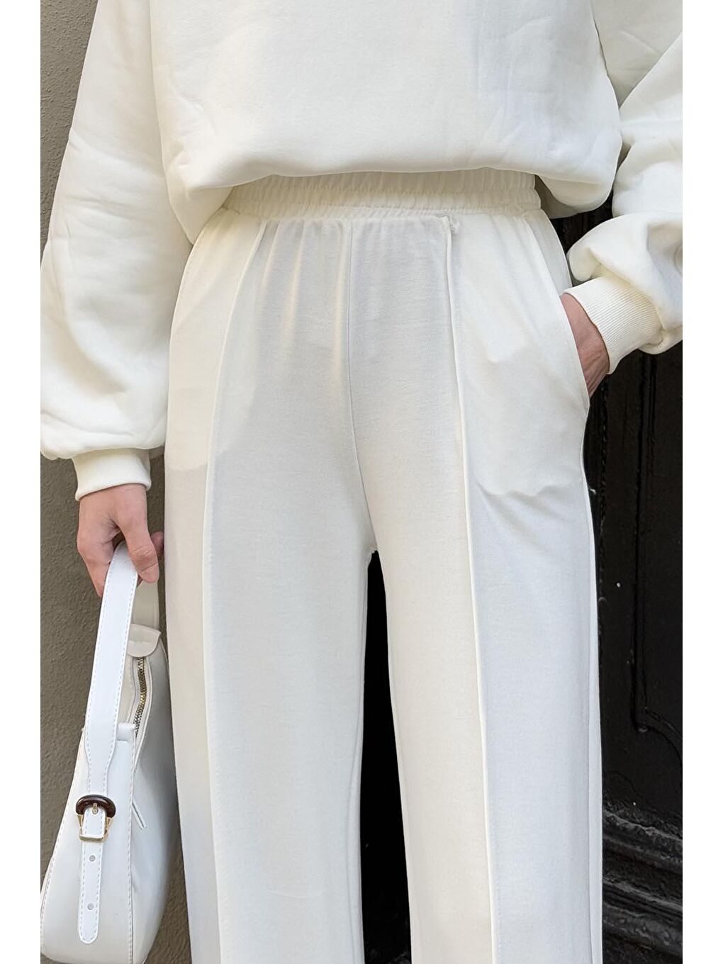 Çıma Detaylı Pantolon Beyaz-1