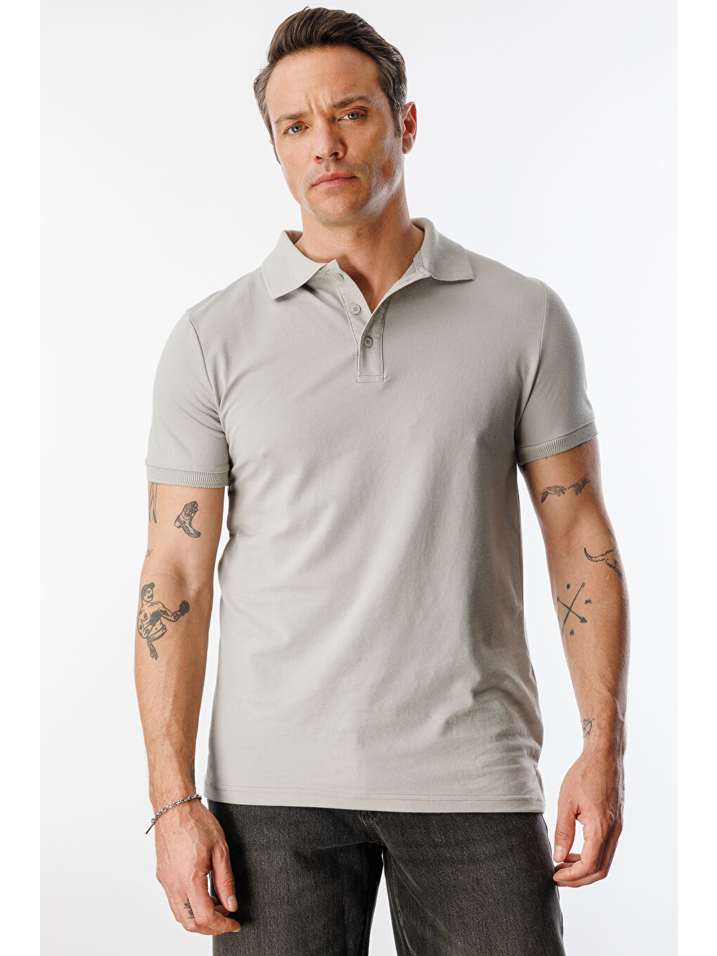 Gri Erkek Çekmeyen Pamuklu Kumaş Regular Fit Standart Kesim Polo Yaka Tişört POLOYAKA-T-SHIRT1