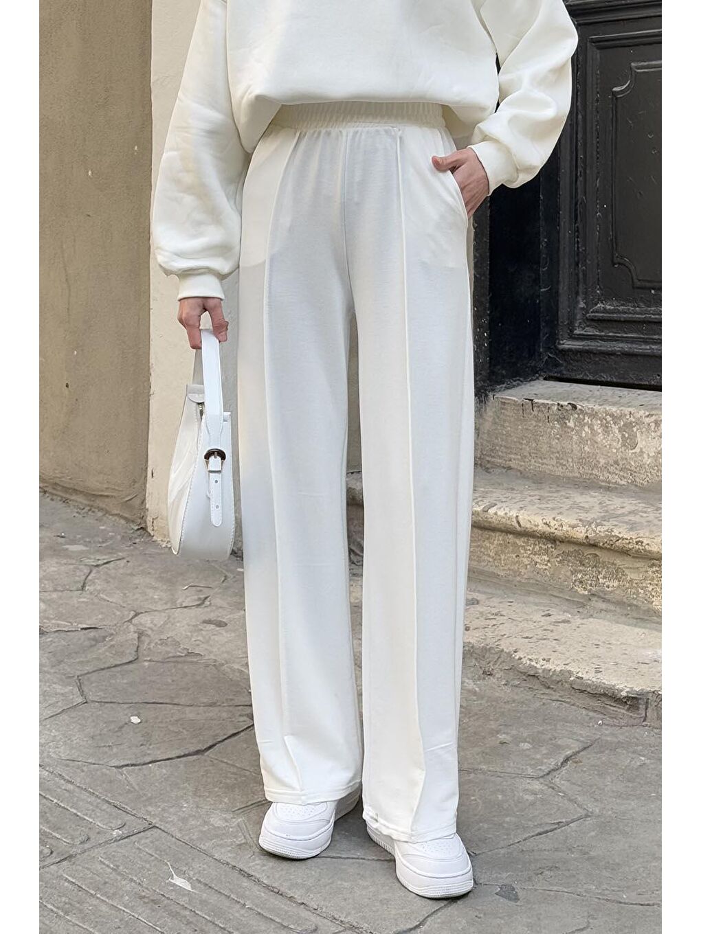 Çıma Detaylı Pantolon Beyaz-3