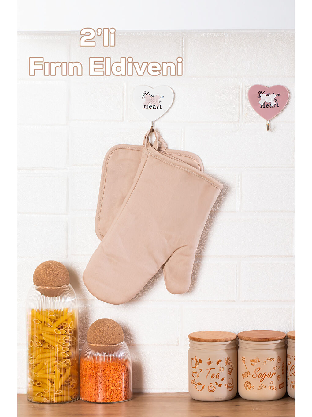 Kahverengi 3136-2 2li Isıya Dayanıklı Fırın Eldiveni Seti Mutfak eldiveni Seti Krem
