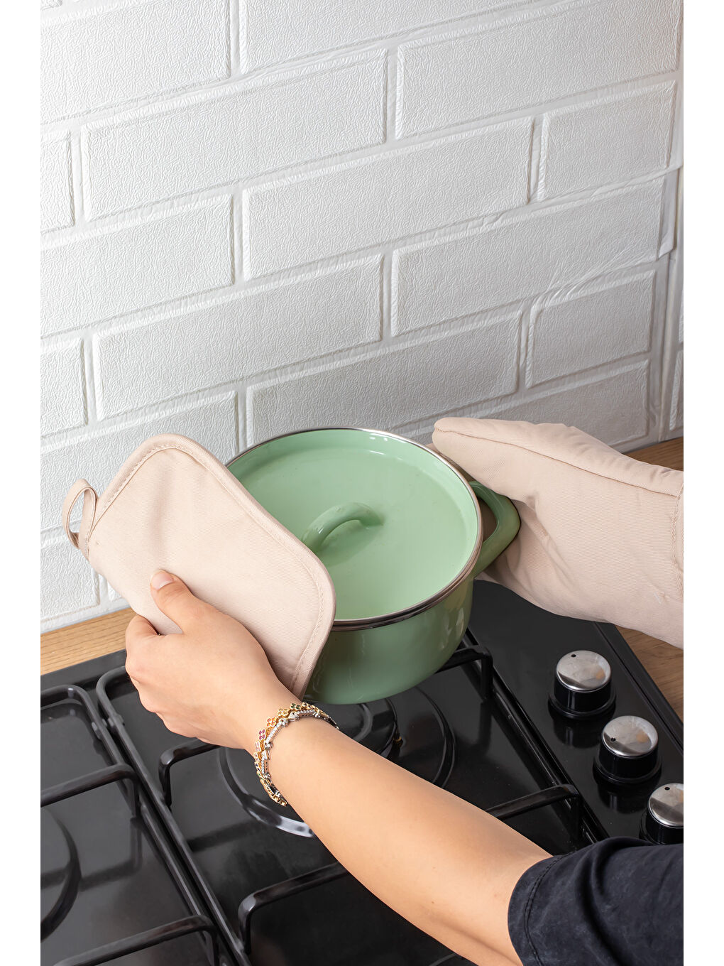 Kahverengi 3136-2 2li Isıya Dayanıklı Fırın Eldiveni Seti Mutfak eldiveni Seti Krem-3