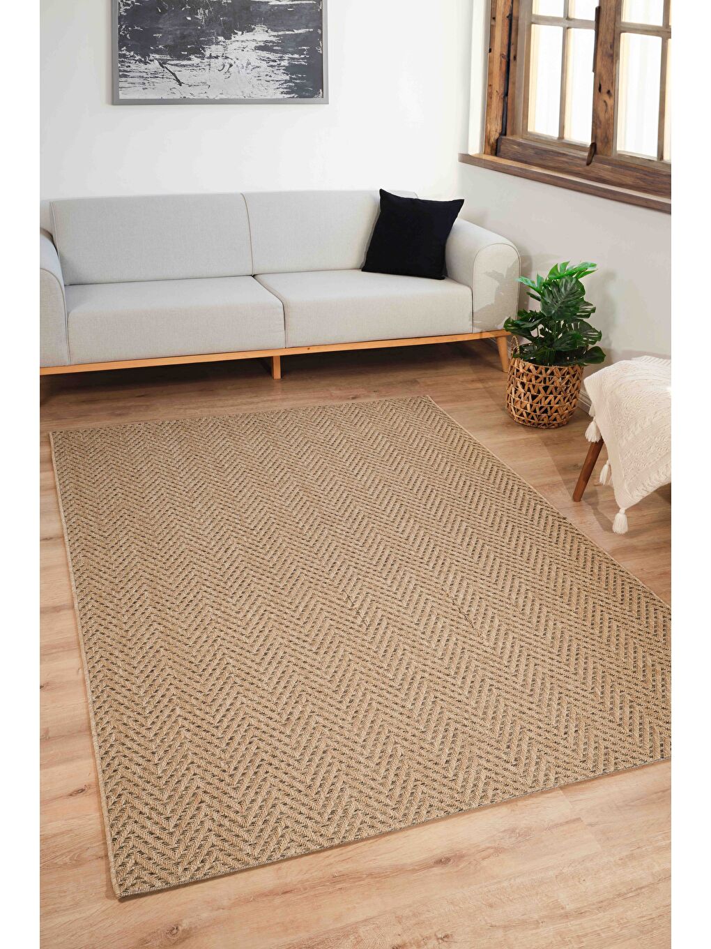 Sisaluna 4441 Bej Jüt Tabanlı Modern Dokuma Kilim Sisal Hasır Halı-80x300-2