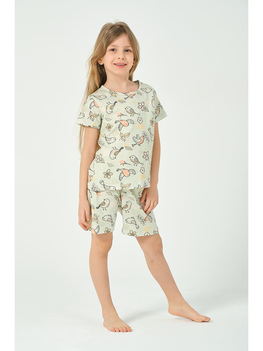 Yeşil Kız Çocuk Kuş Desenli Kısa Kollu Şortlu Pijama Takımı