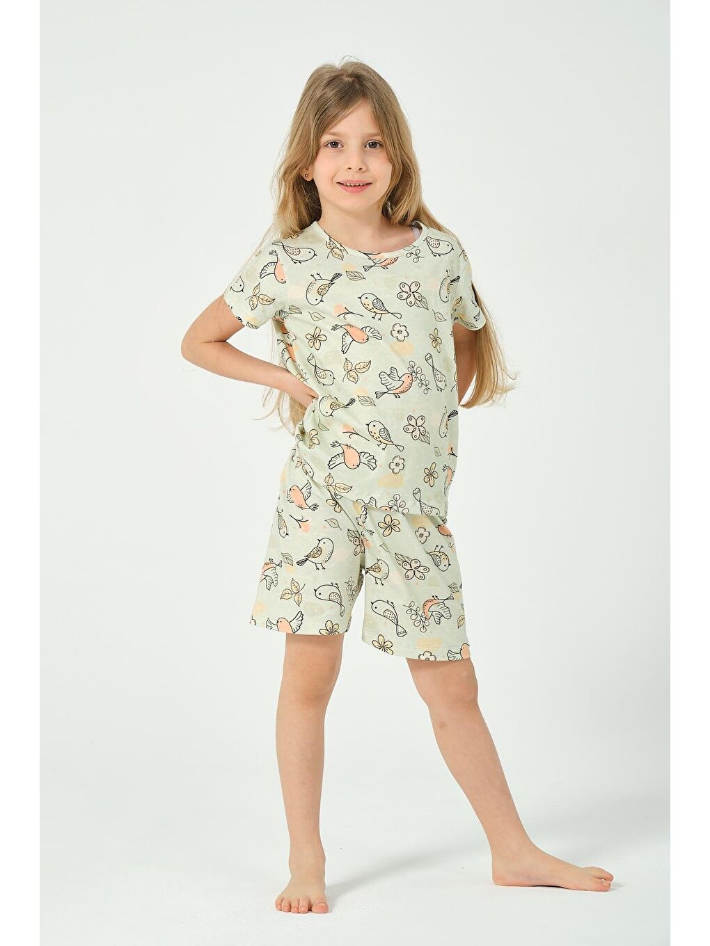 Yeşil Kız Çocuk Kuş Desenli Kısa Kollu Şortlu Pijama Takımı-2