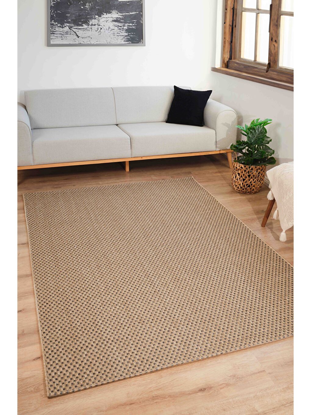 Sisaluna 4442 Bej Jüt Tabanlı Modern Dokuma Kilim Sisal Hasır Halı-80x300-2