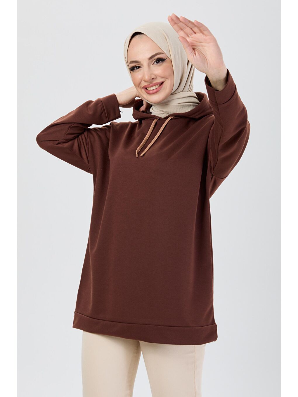 Kapüşonlu Yaka Kadın Kahverengi Tunik - 13110-1