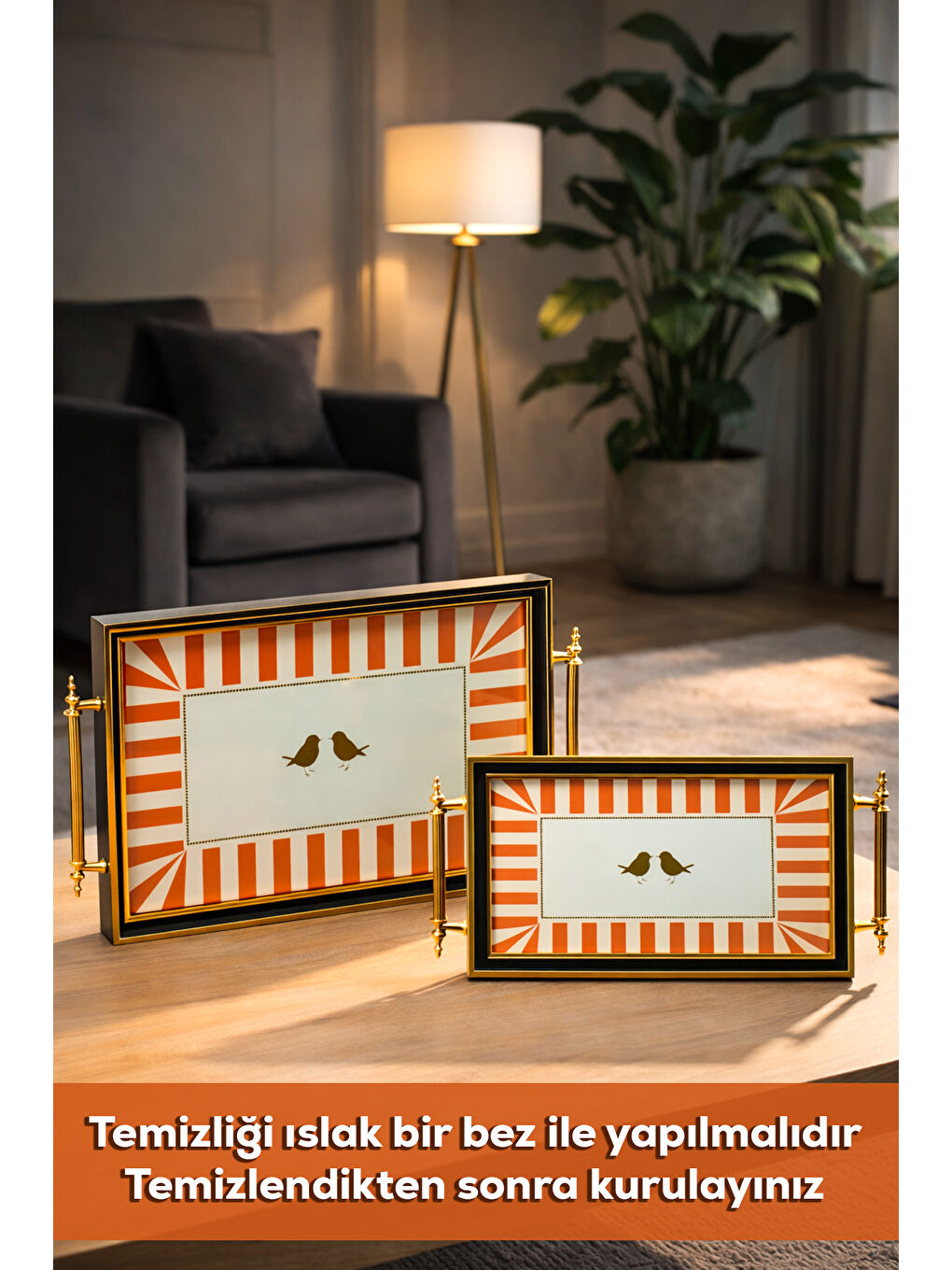 4389 2'li Dekoratif Dikdörtgen Çay ve Kahve Kahvaltılık Sunum Tepsi Seti Turuncu-2