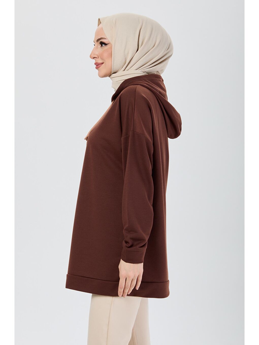 Kapüşonlu Yaka Kadın Kahverengi Tunik - 13110-2