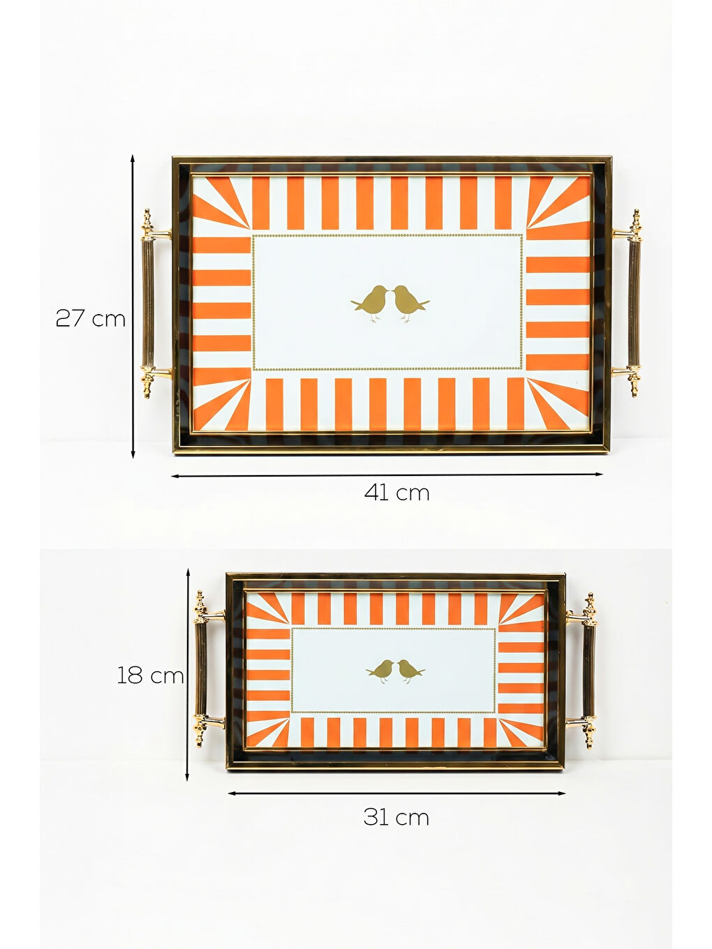 4389 2'li Dekoratif Dikdörtgen Çay ve Kahve Kahvaltılık Sunum Tepsi Seti Turuncu-3