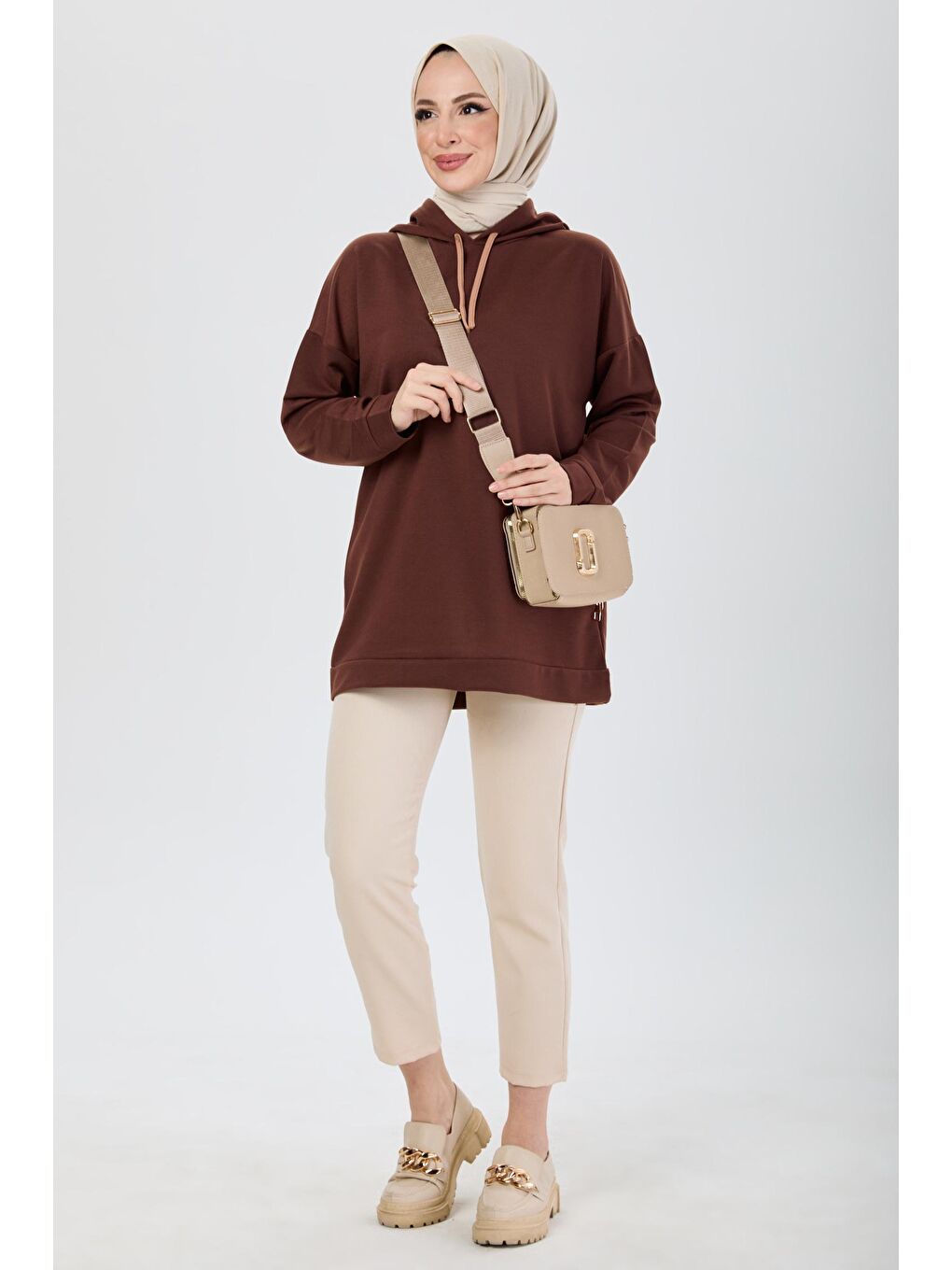 Kapüşonlu Yaka Kadın Kahverengi Tunik - 13110-3