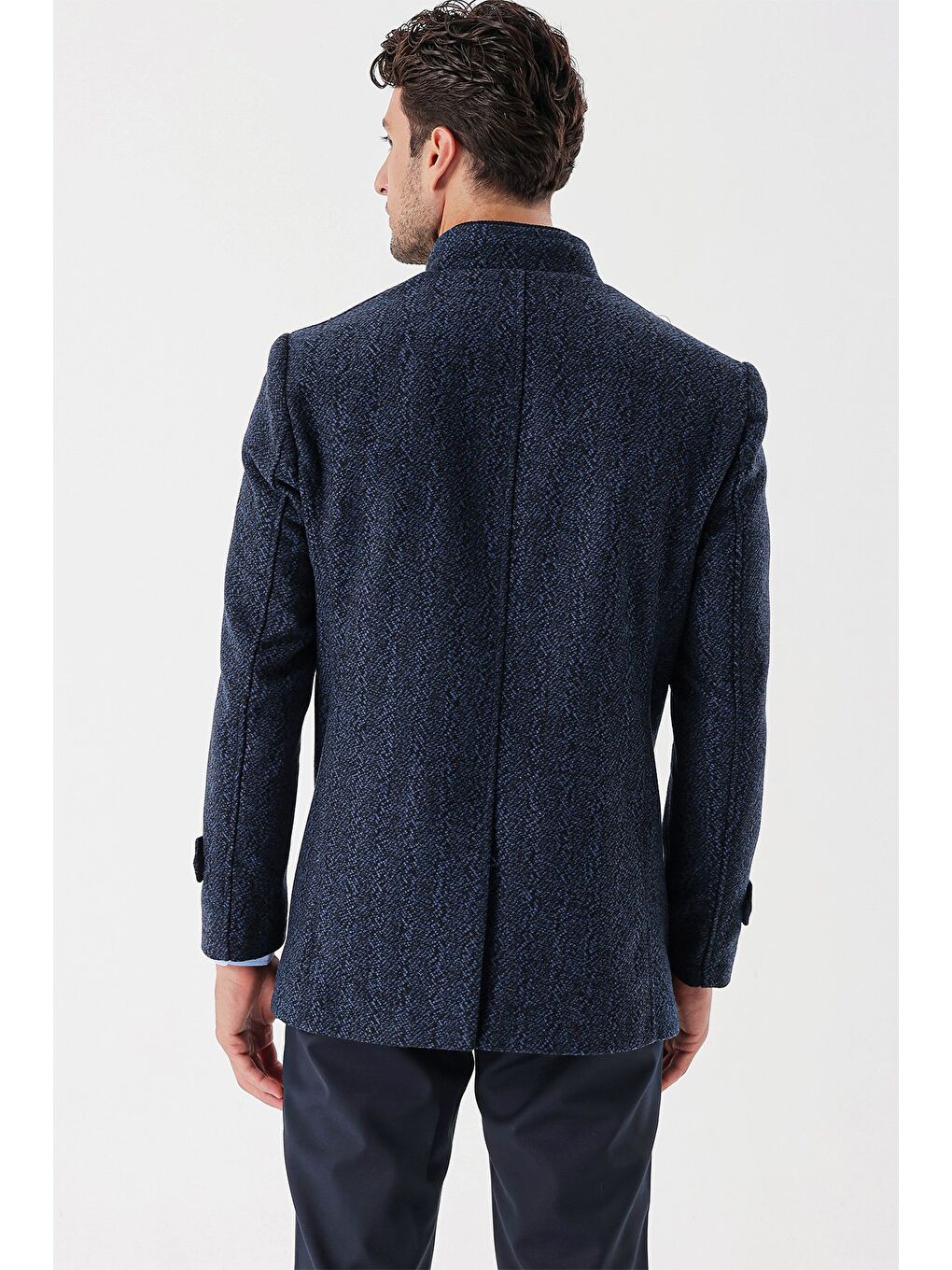 Koyu Lacivert Kaşe Hakim Yaka Desenli Yırtmaçlı Astarlı Slim Fit Dar Kesim Klasik Kaban 1008235153-6