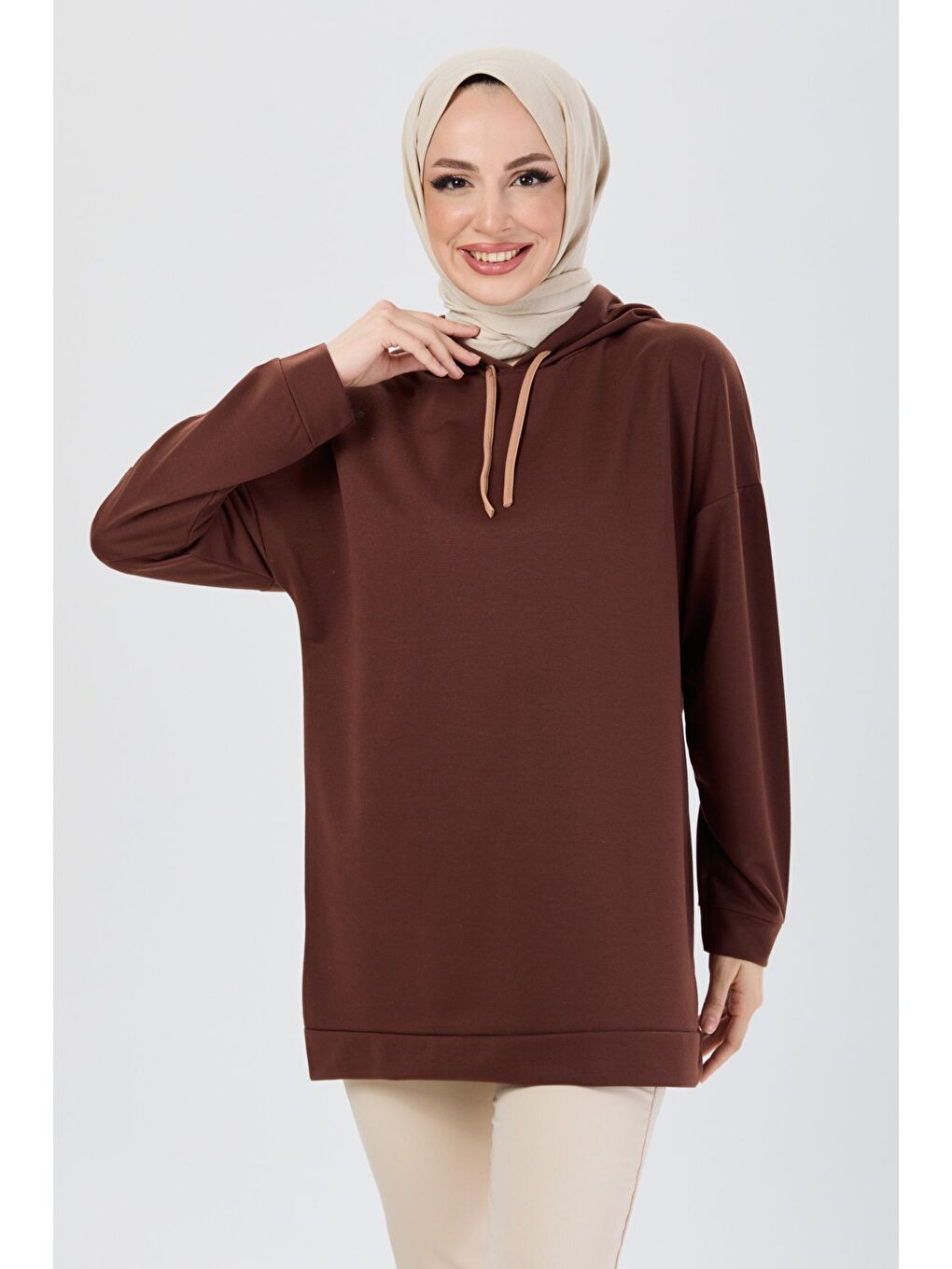 Kapüşonlu Yaka Kadın Kahverengi Tunik - 13110-4