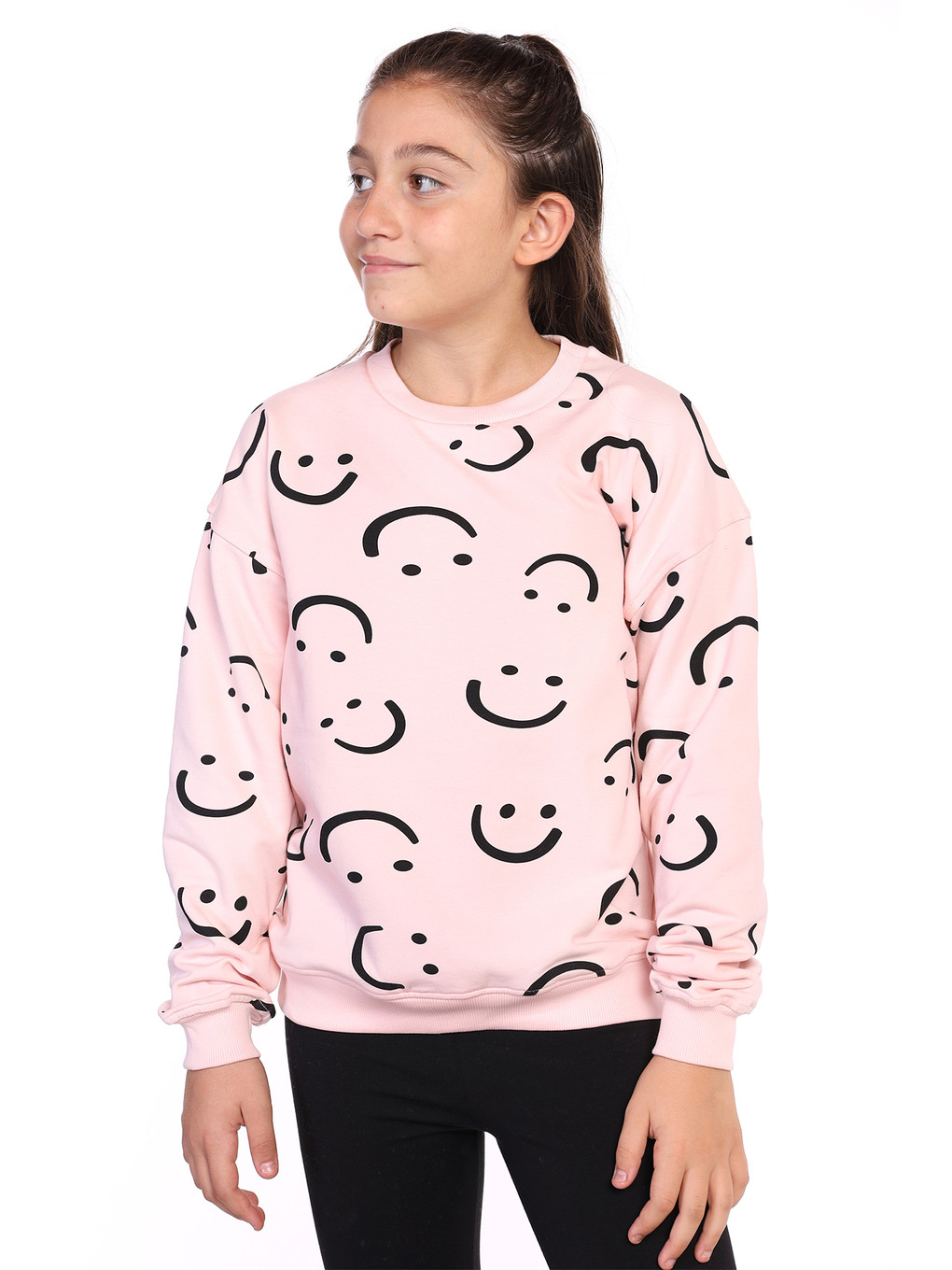 Pembe Kız Çocuk Komple Gülen İfade Baskılı Sweatshirt