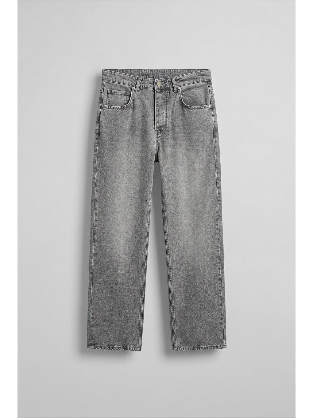 Erkek Baggy Yıkamalı Düz Paça Jean Pantolon Açık Gri