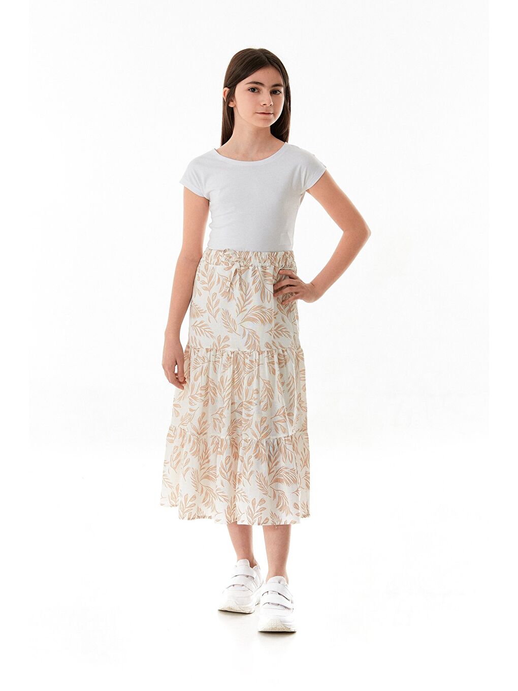 Bej Desenli Midi Boy Kız Çocuk Etek