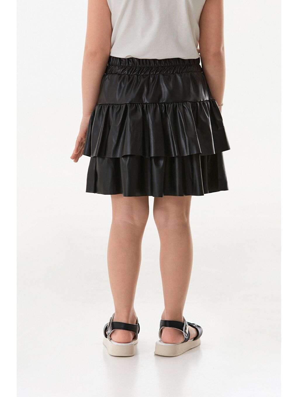 Siyah Kurdeleli Suni Deri Fırfırlı Kız Çocuk Etek-4