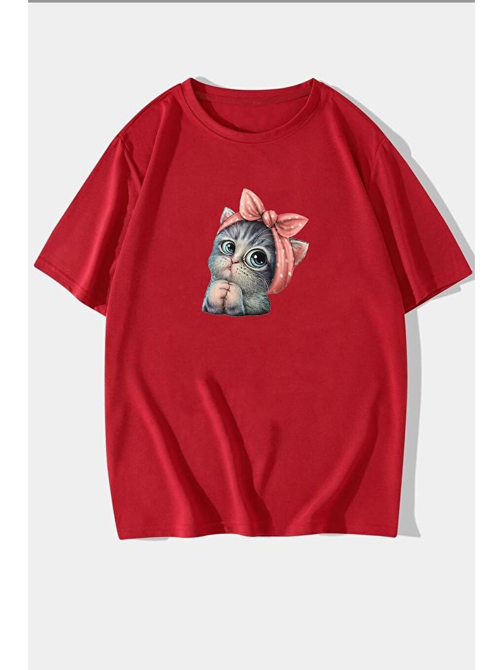 uyguntarz Kırmızı Sevimli Kedi Tasarım T-shirt