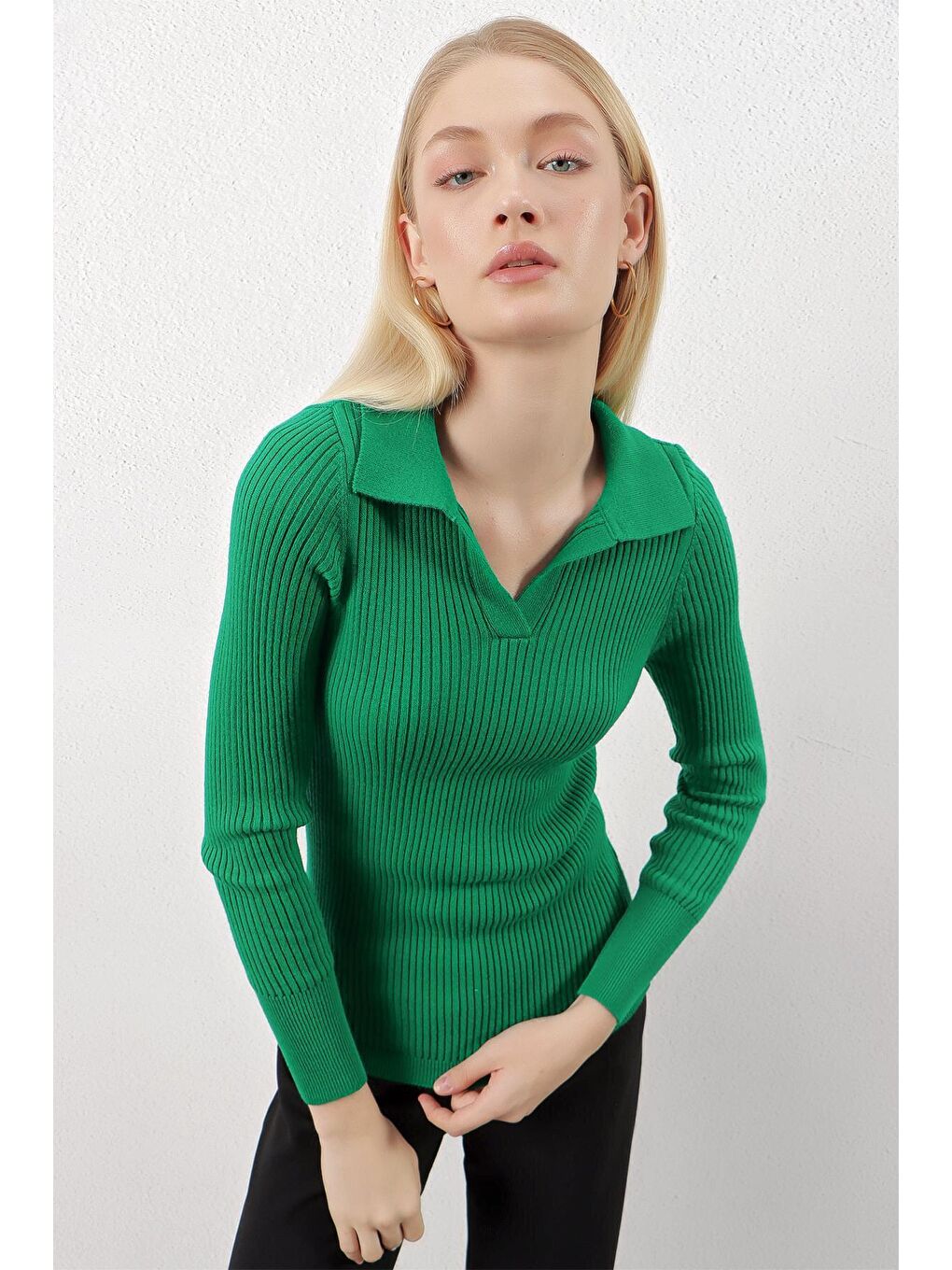 Zümrüt Yeşili Polo Yaka Fitilli Basic Body Triko Kazak