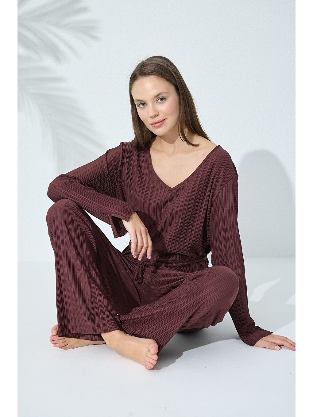 Kahverengi Piliseli Örme Pijama Takımı-1