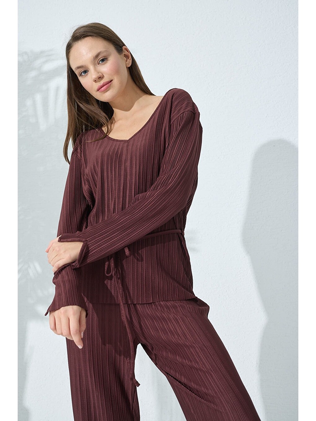Kahverengi Piliseli Örme Pijama Takımı-2