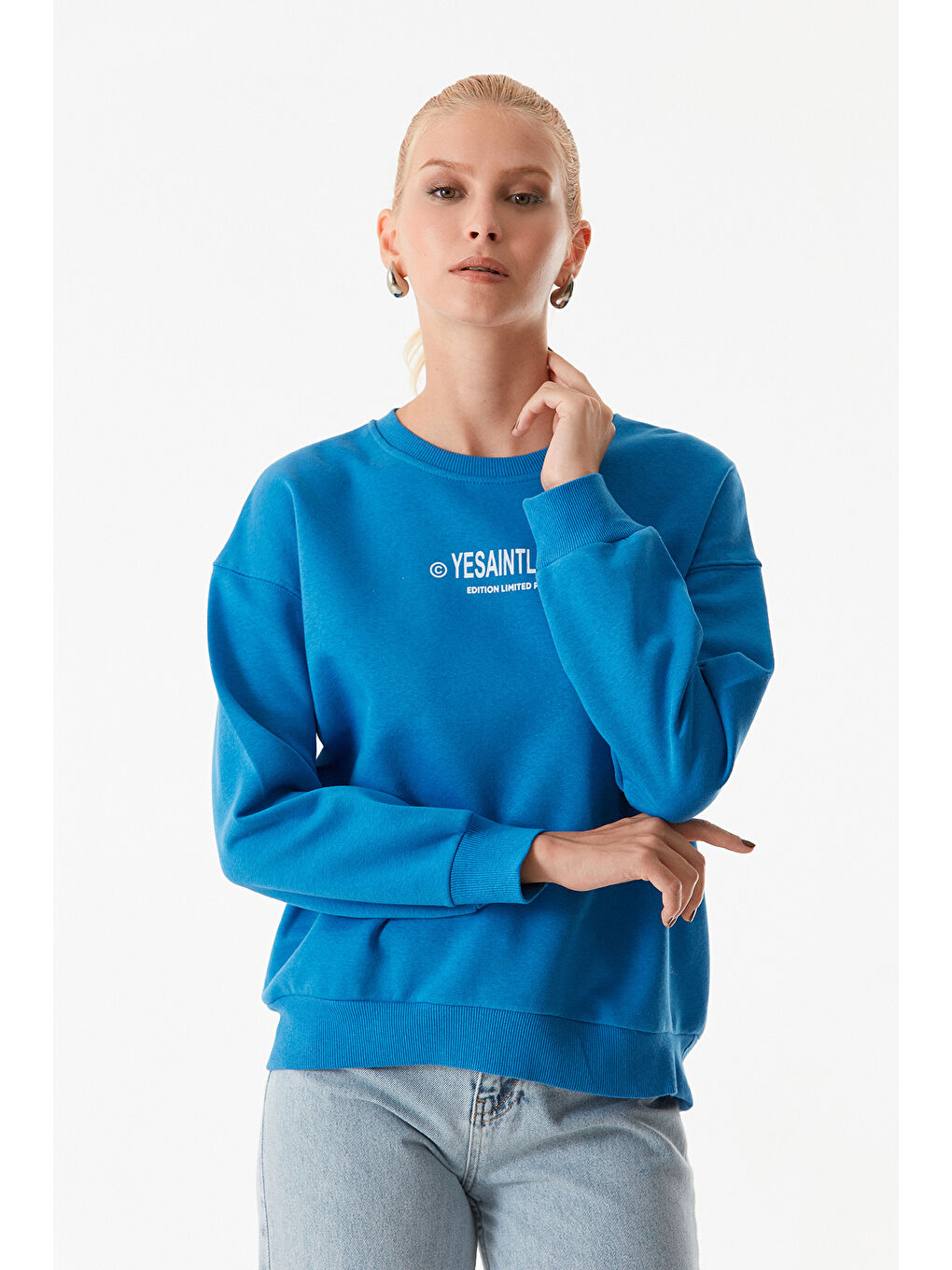 Fullamoda Mavi Yazı Baskılı Bisiklet Yaka Sweatshirt