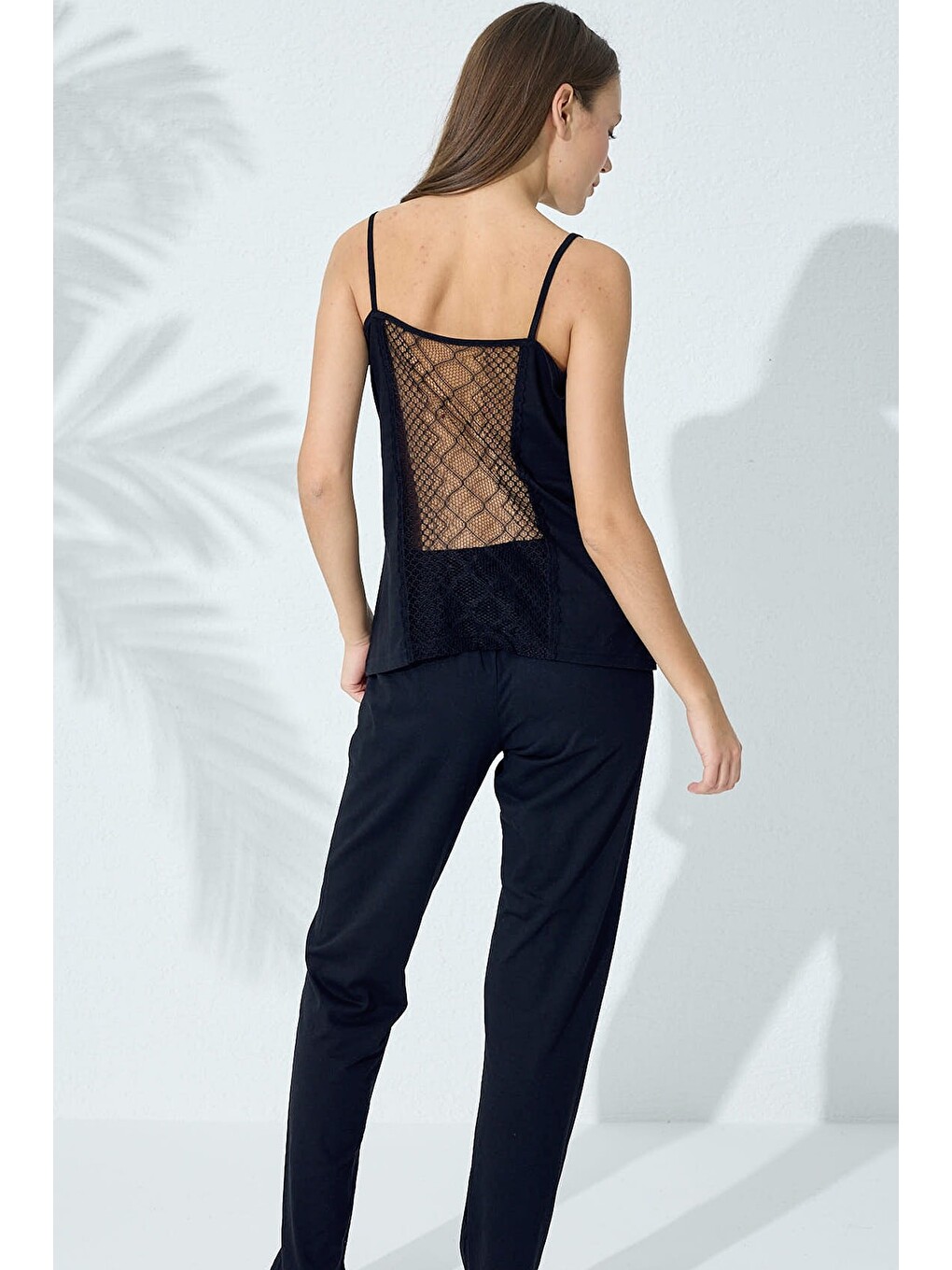 Lacivert Pamuklu Ip Askılı Dantelli Pijama Takım-3