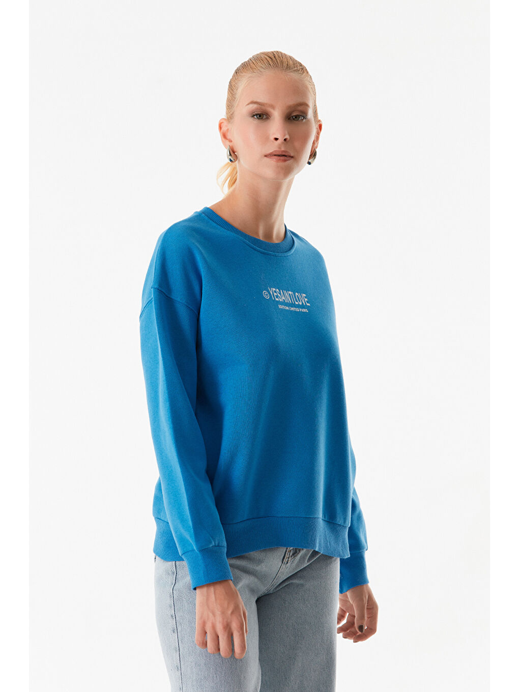 Fullamoda Mavi Yazı Baskılı Bisiklet Yaka Sweatshirt - 2