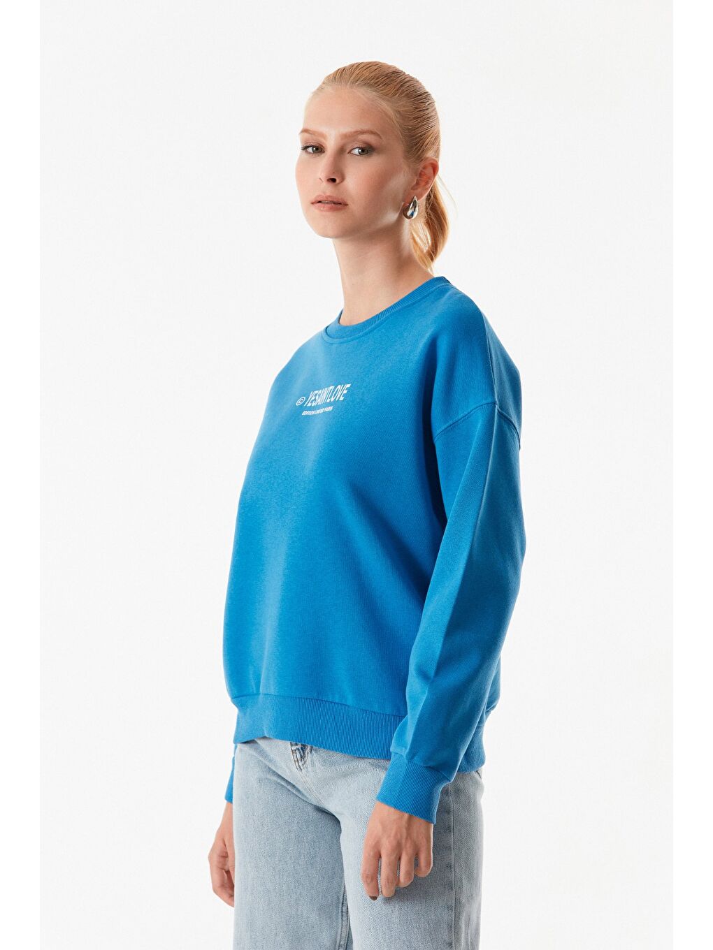 Fullamoda Mavi Yazı Baskılı Bisiklet Yaka Sweatshirt - 4