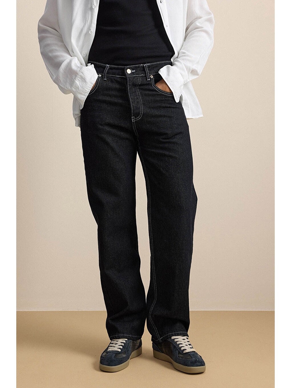 Erkek Baggy Fit Kontrast Dikişli Jean Pantolon Siyah-2