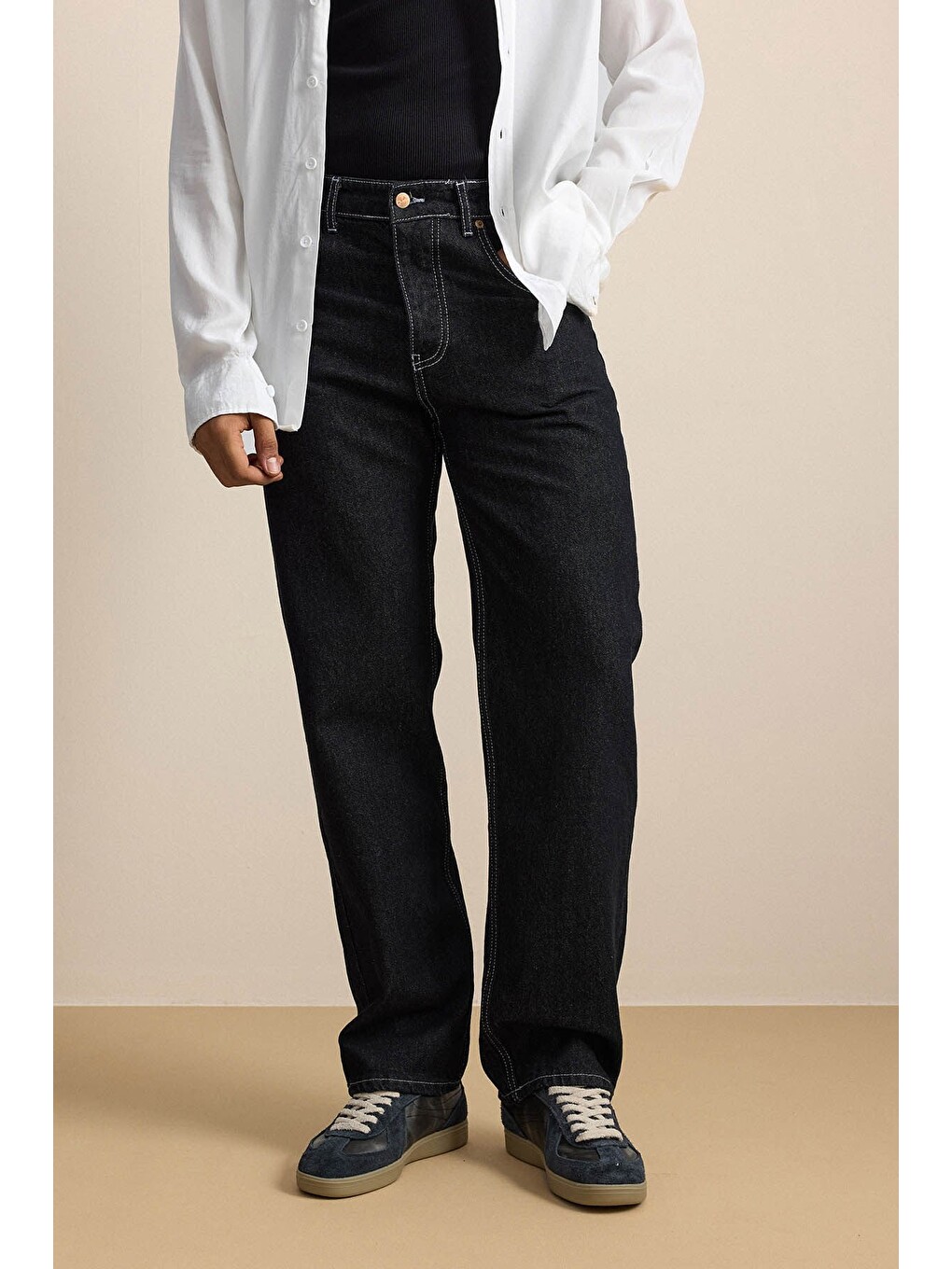 Erkek Baggy Fit Kontrast Dikişli Jean Pantolon Siyah-3