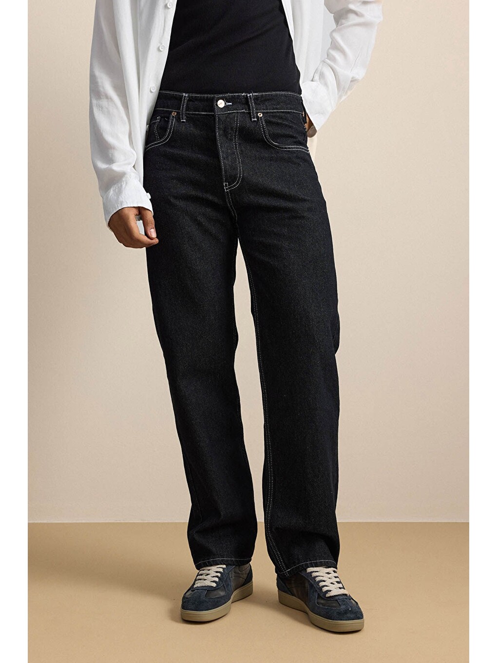Erkek Baggy Fit Kontrast Dikişli Jean Pantolon Siyah-4
