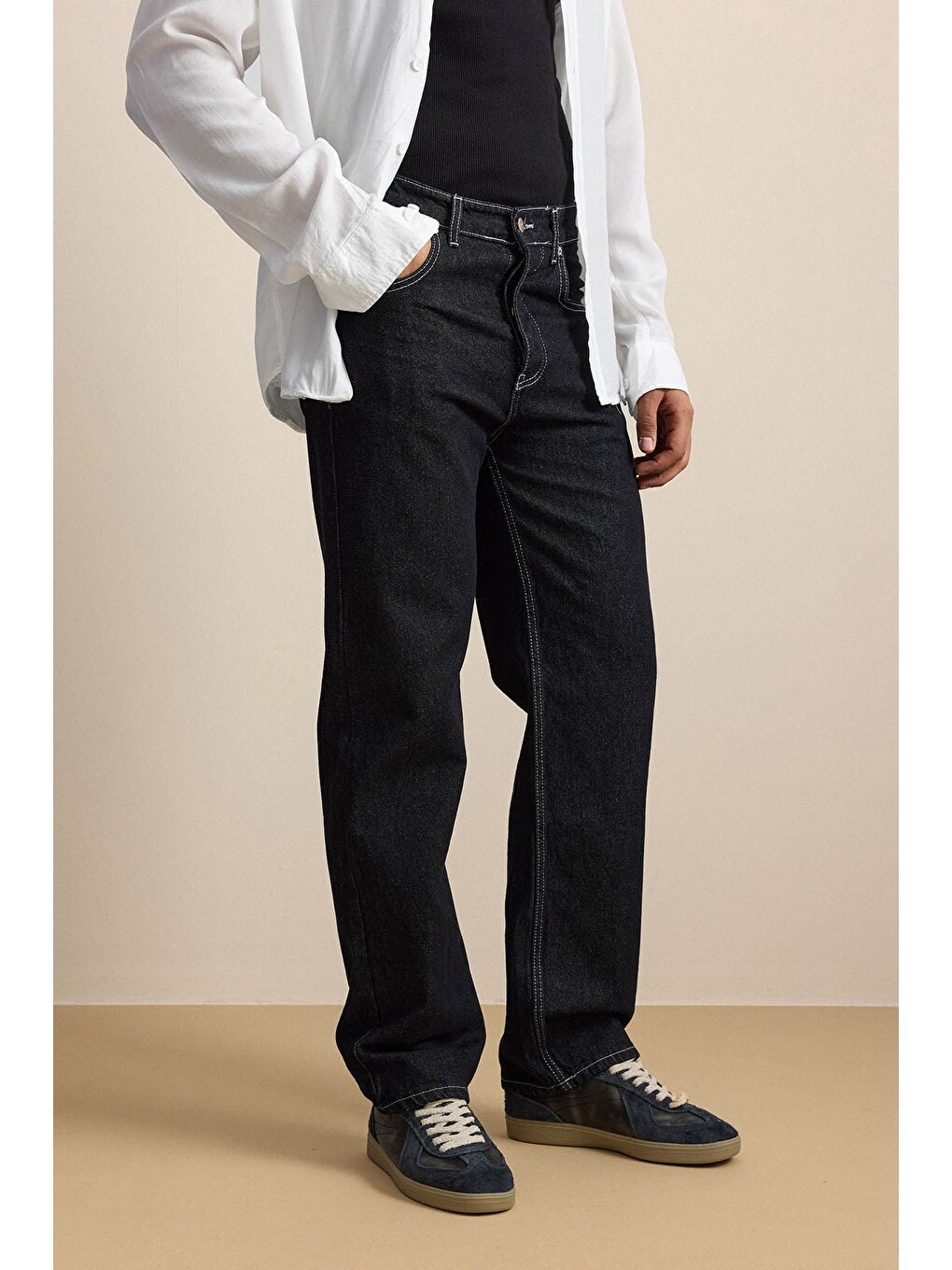 Erkek Baggy Fit Kontrast Dikişli Jean Pantolon Siyah-5