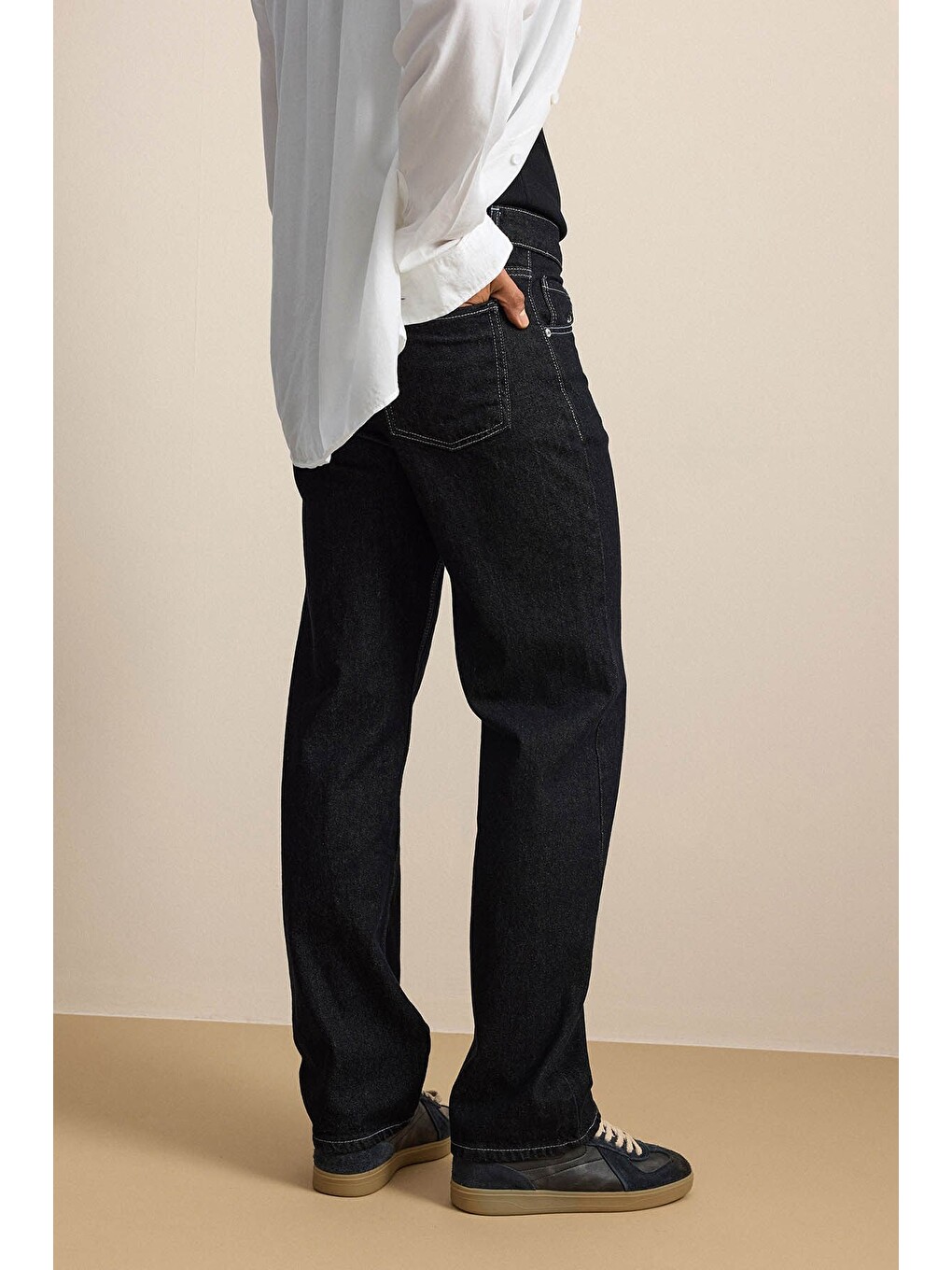 Erkek Baggy Fit Kontrast Dikişli Jean Pantolon Siyah-6