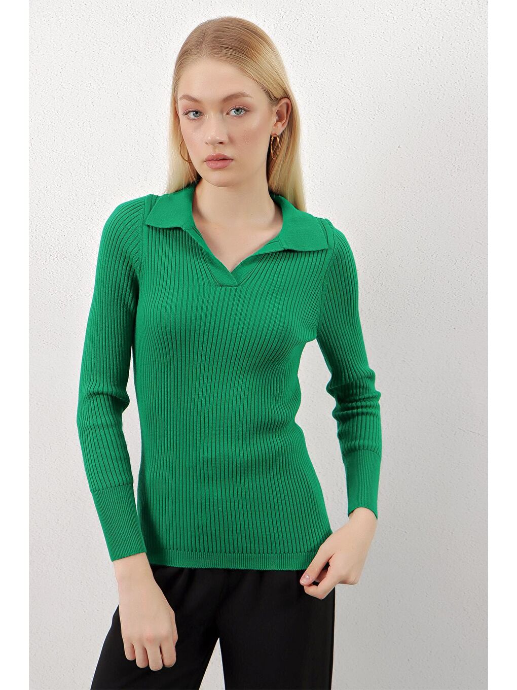 Zümrüt Yeşili Polo Yaka Fitilli Basic Body Triko Kazak-1