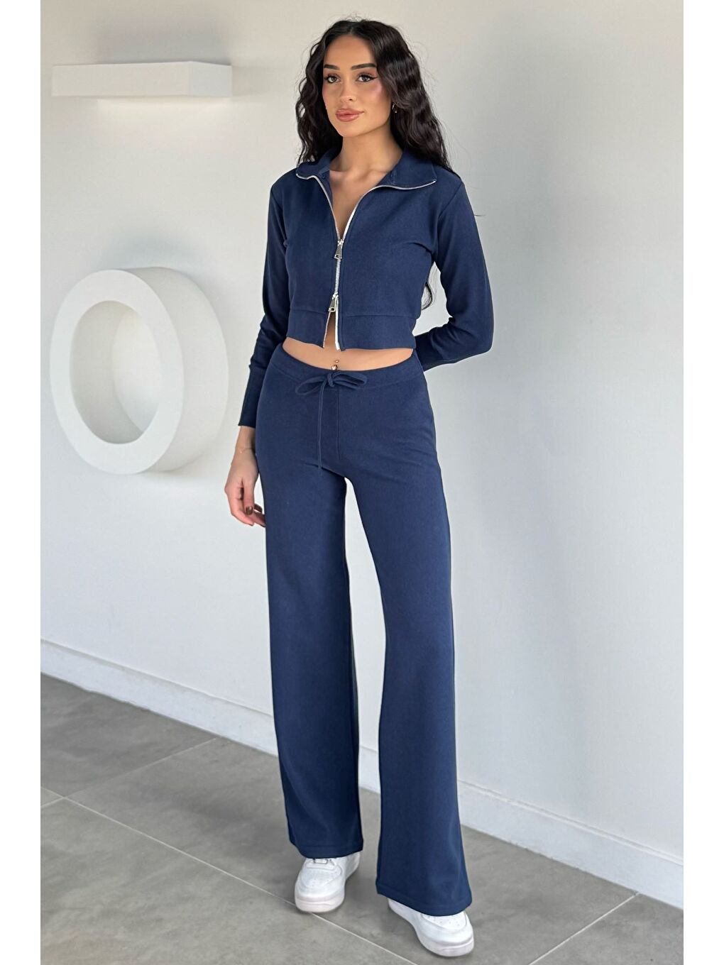 Lacivert Kadın Selanik Kumaş Ön Fermuarlı Sweat Bel Lastikli Pantolon İkili Takım-1